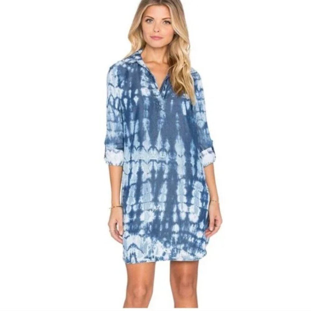 Splendid Women's Chambray Blue Tie-Dye Long-Sleeve Shirt Dress L